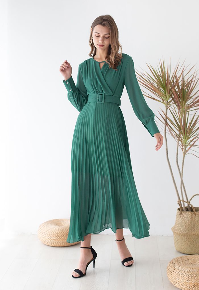 Flowy Chiffon Wrap Pleated Maxi Dress in Green