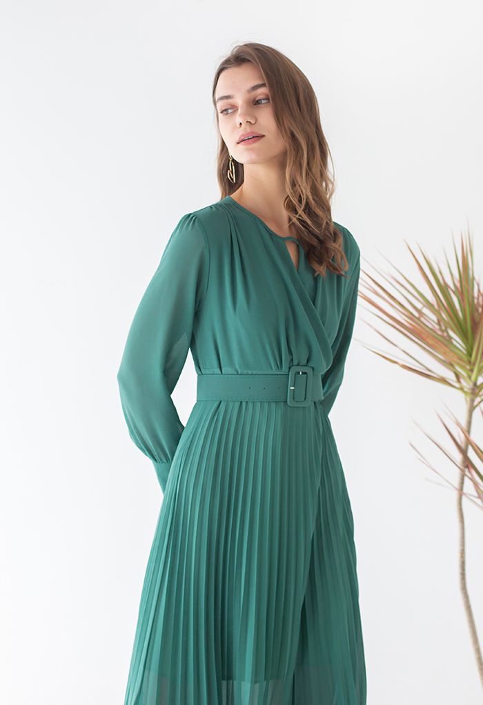 Flowy Chiffon Wrap Pleated Maxi Dress in Green