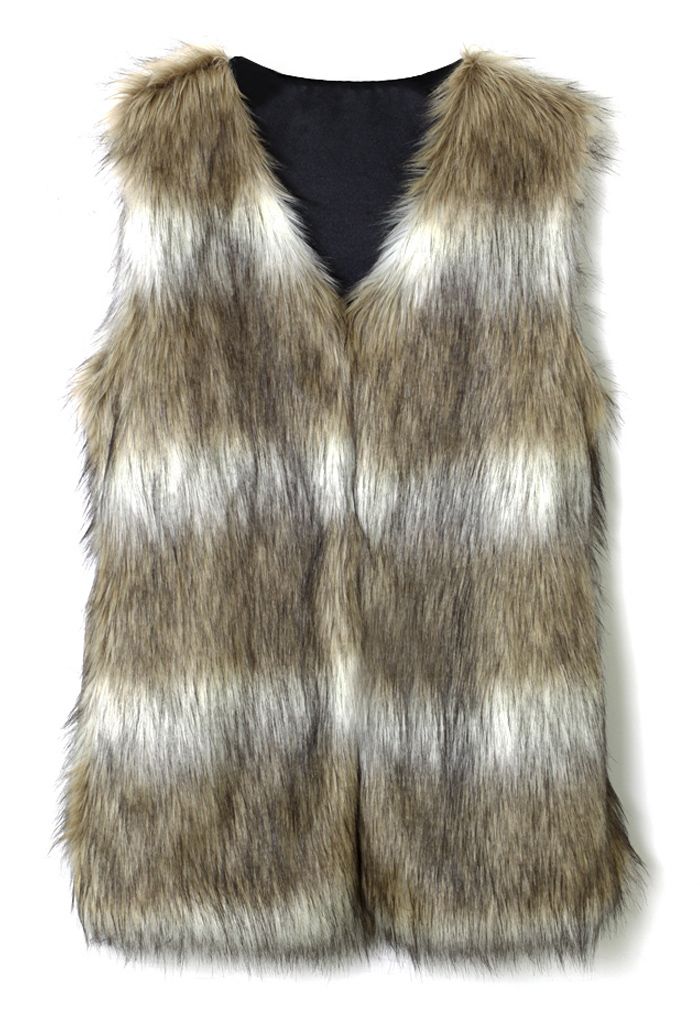 Faux Fur Vest in Striped Camel