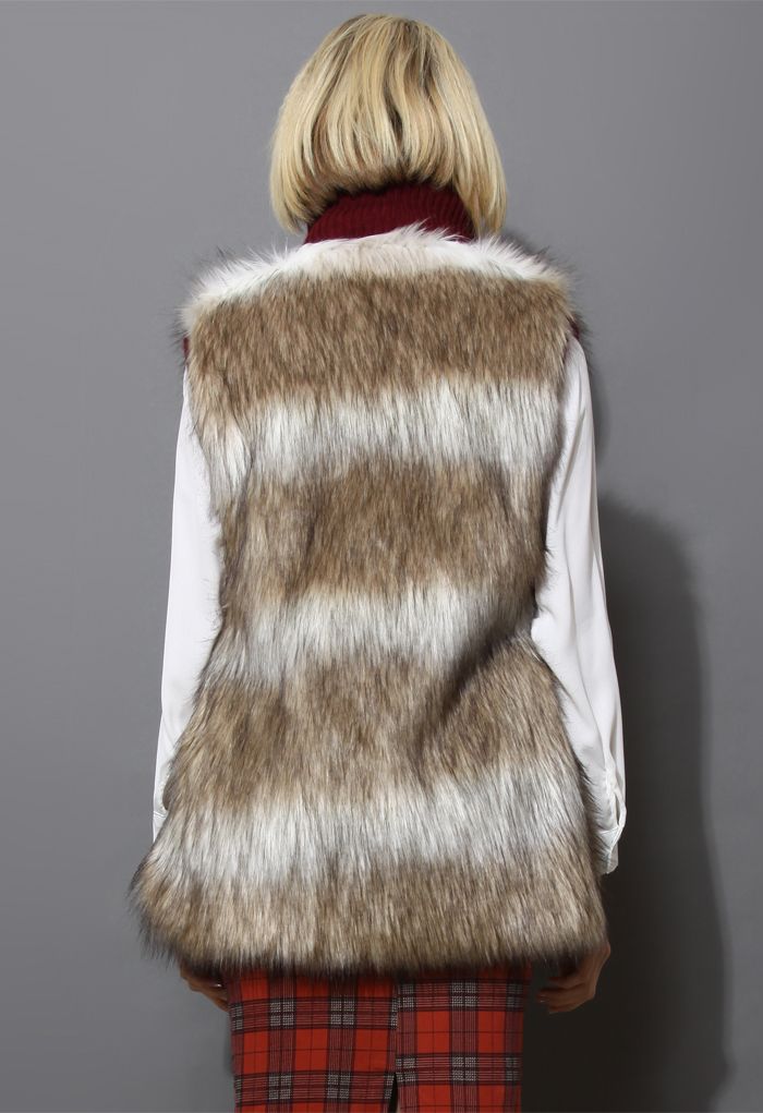 Faux Fur Vest in Striped Camel
