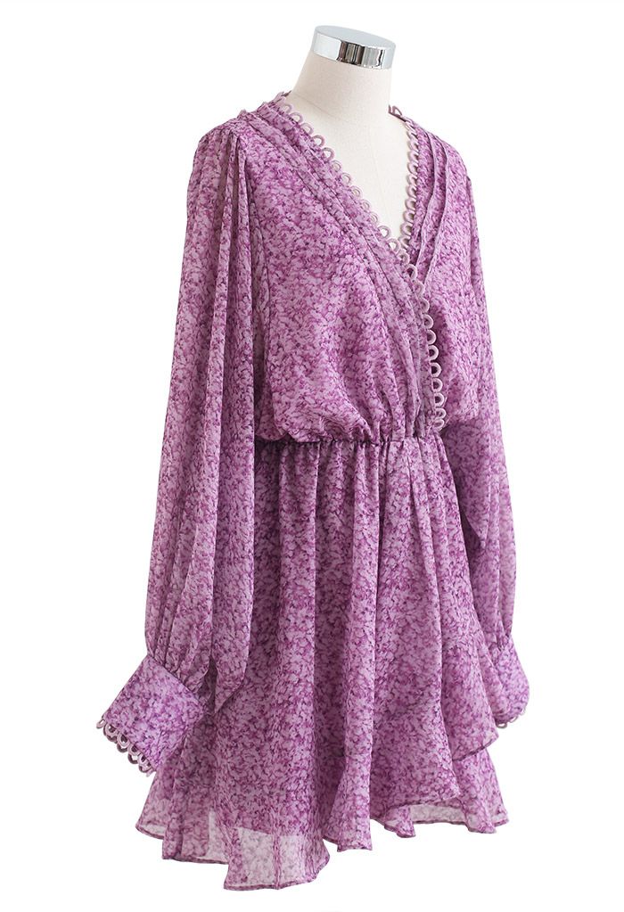 Rich Bud Print Asymmetric Chiffon Mini Dress