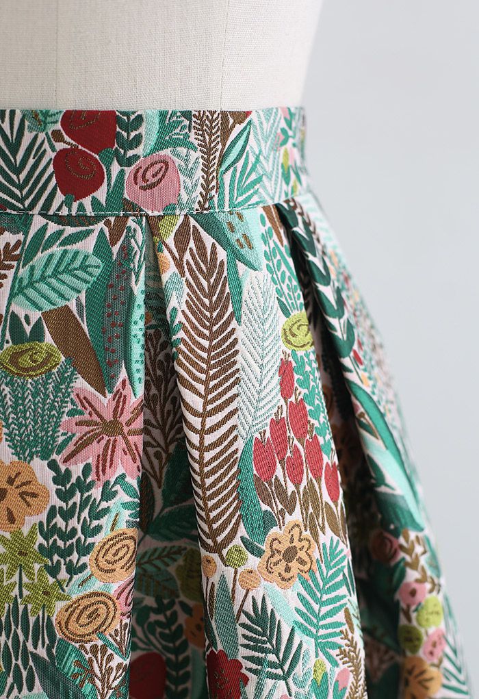 Spring Scenery Jacquard Pleated Midi Skirt