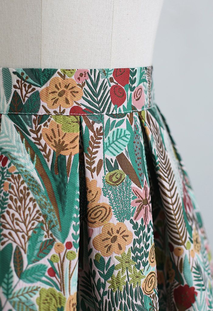 Spring Scenery Jacquard Pleated Midi Skirt
