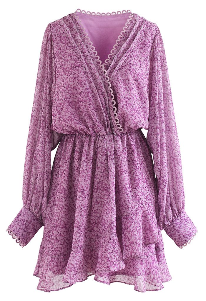 Rich Bud Print Asymmetric Chiffon Mini Dress