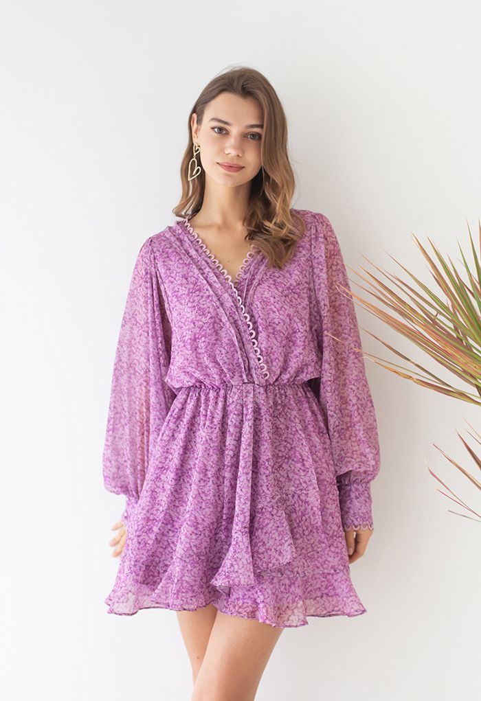 Rich Bud Print Asymmetric Chiffon Mini Dress