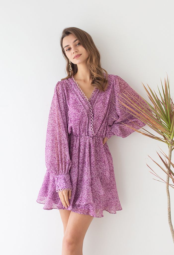 Rich Bud Print Asymmetric Chiffon Mini Dress