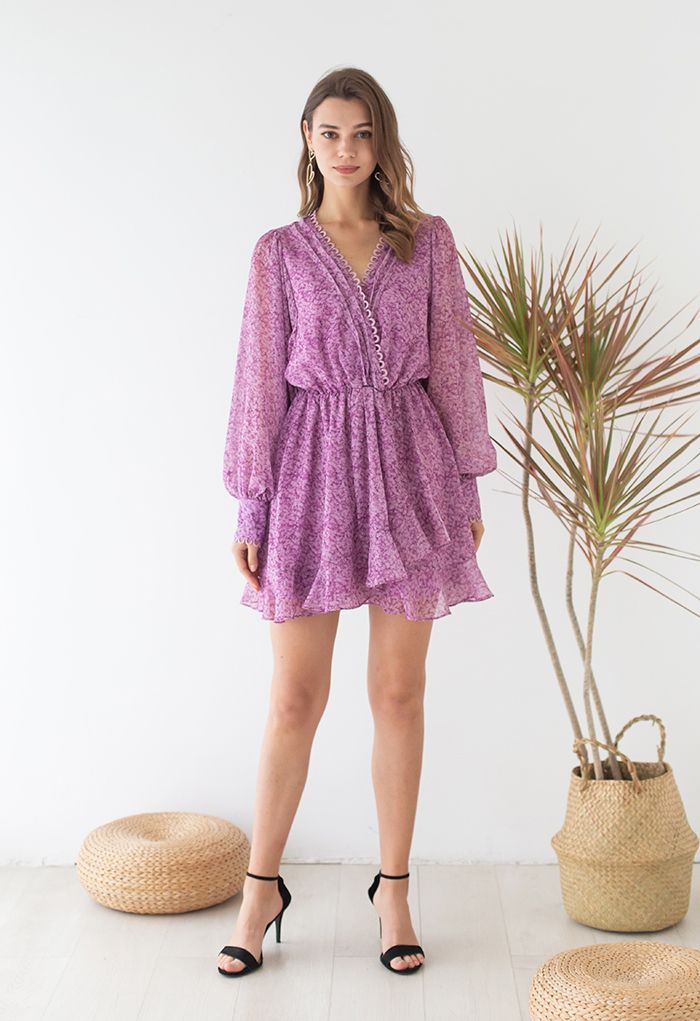 Rich Bud Print Asymmetric Chiffon Mini Dress