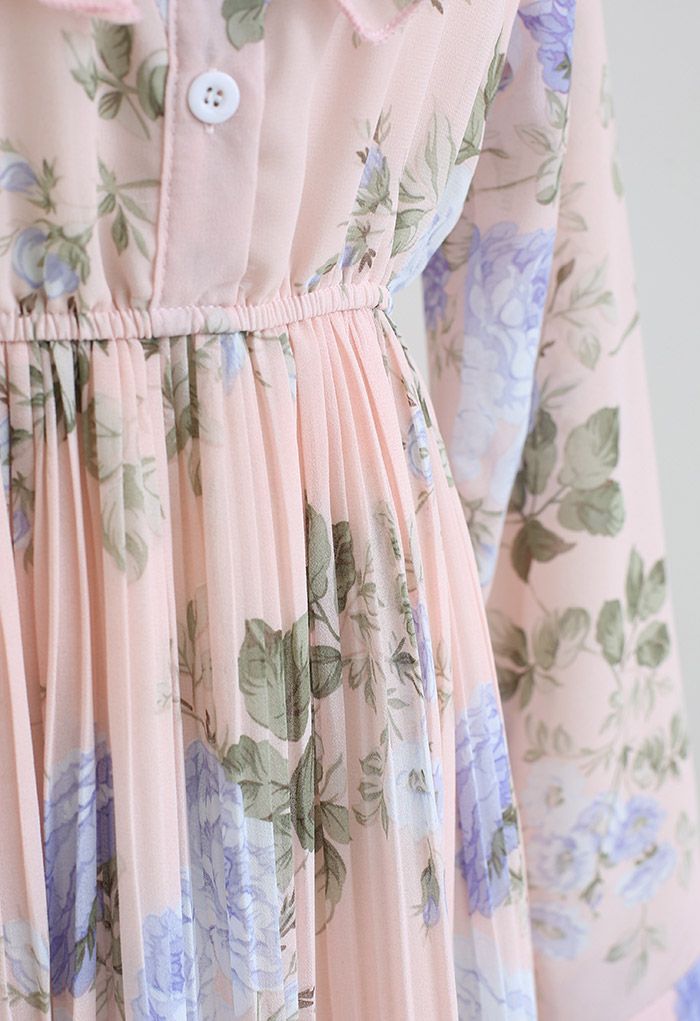 Gorgeous Peony Pleated Chiffon Midi Dress in Nude Pink
