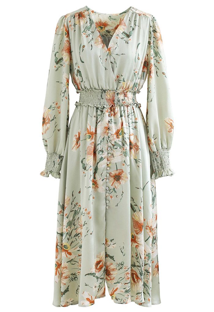 Blooming Bouquet Satin Button Down Wrap Midi Dress in Pistachio