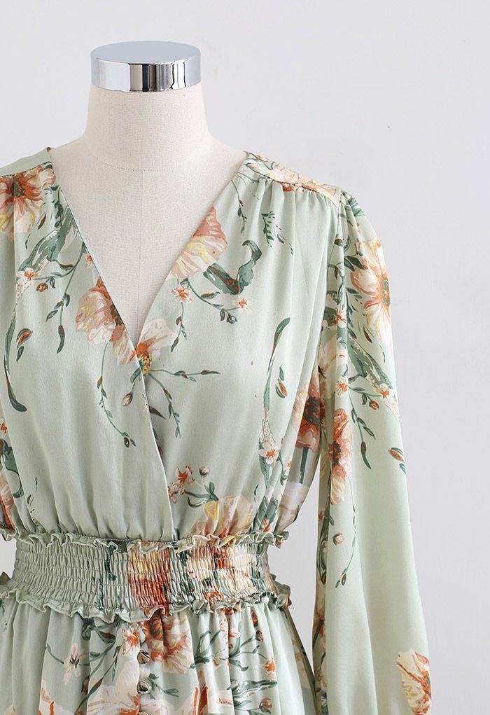Blooming Bouquet Satin Button Down Wrap Midi Dress in Pistachio