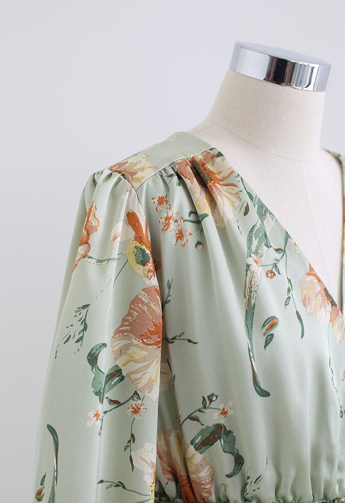 Blooming Bouquet Satin Button Down Wrap Midi Dress in Pistachio