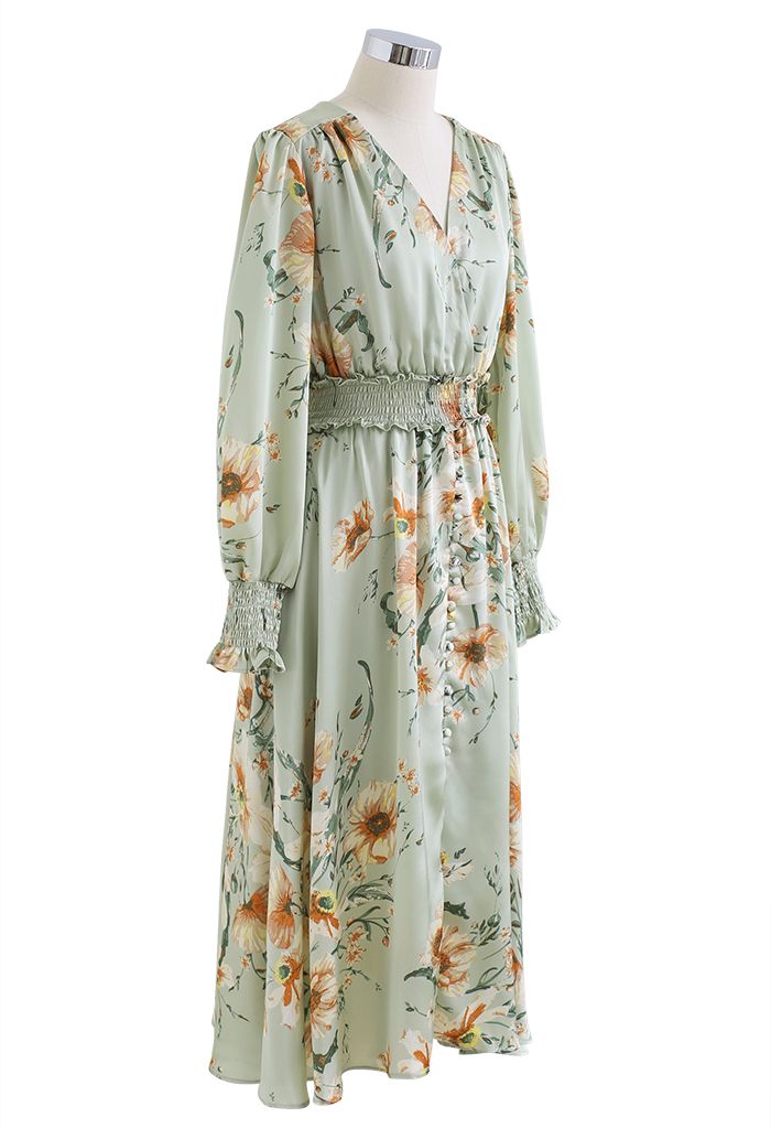 Blooming Bouquet Satin Button Down Wrap Midi Dress in Pistachio