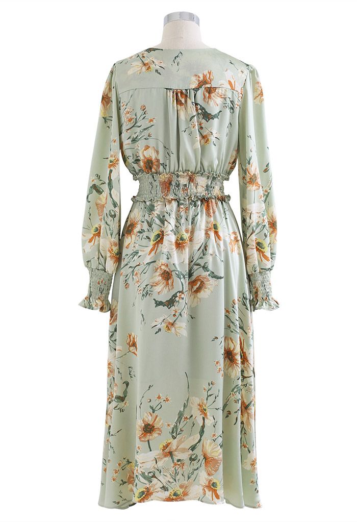 Blooming Bouquet Satin Button Down Wrap Midi Dress in Pistachio