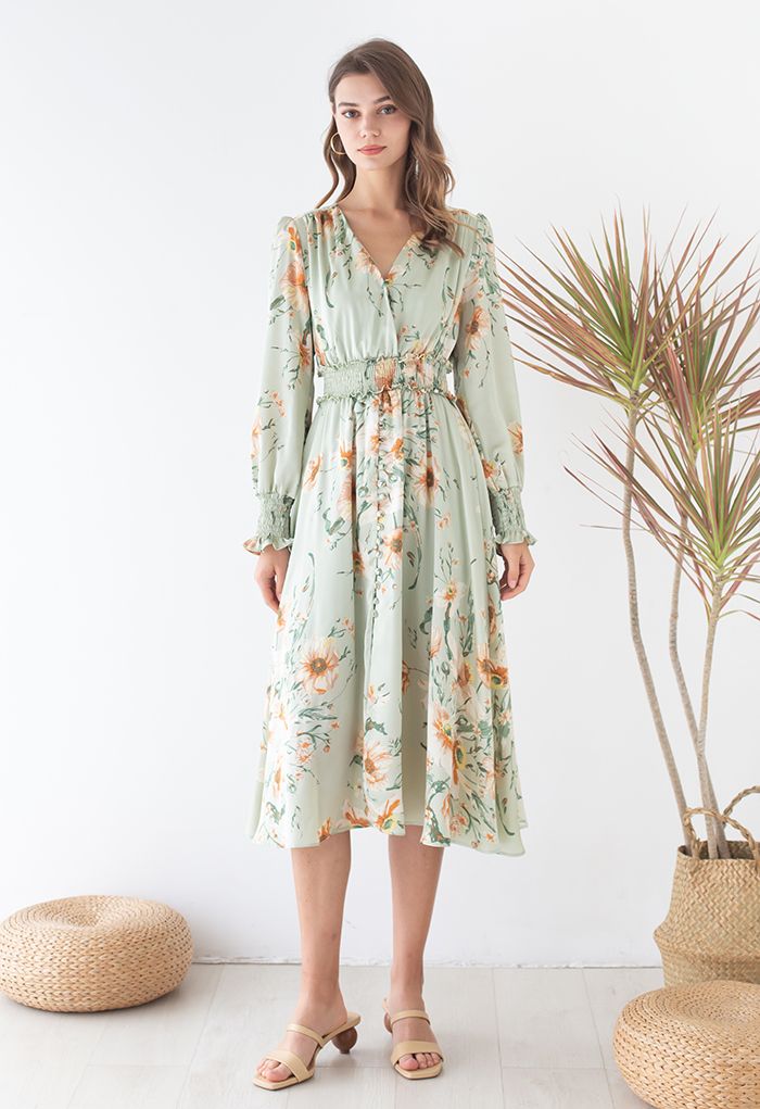 Blooming Bouquet Satin Button Down Wrap Midi Dress in Pistachio