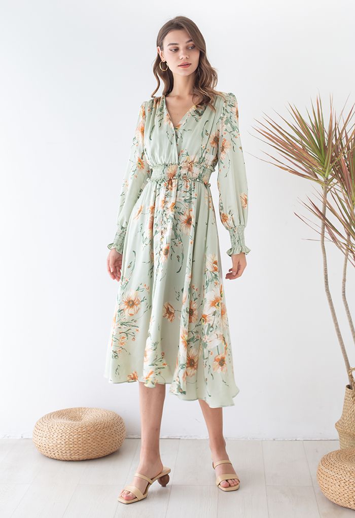 Blooming Bouquet Satin Button Down Wrap Midi Dress in Pistachio