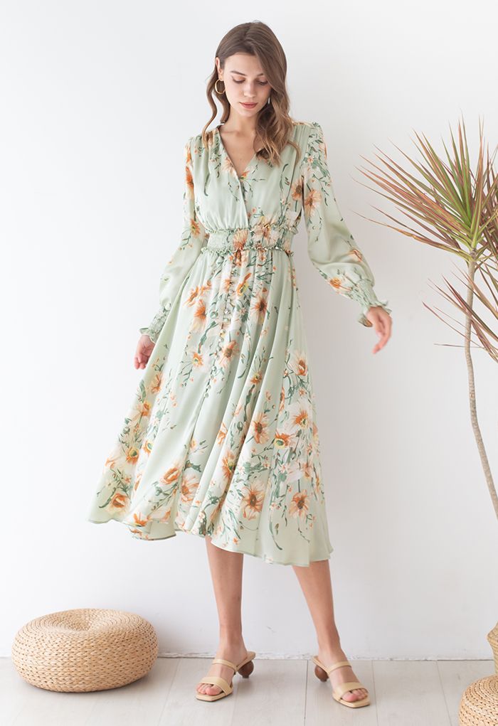 Blooming Bouquet Satin Button Down Wrap Midi Dress in Pistachio