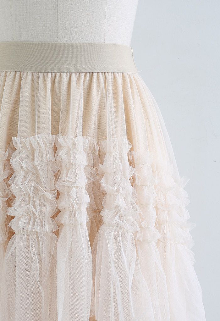 Ruffle Tiered Hi-Lo Mesh Tulle Skirt in Cream