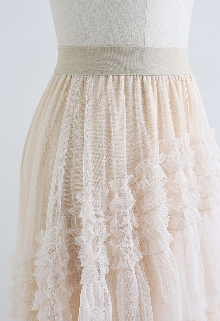 Ruffle Tiered Hi-Lo Mesh Tulle Skirt in Cream