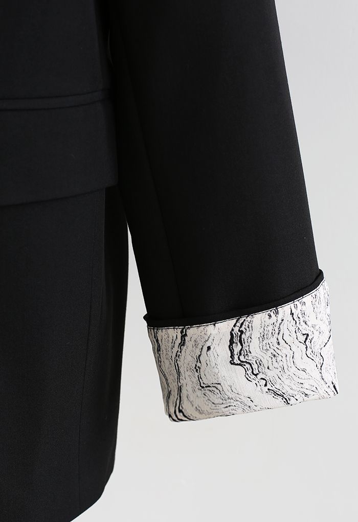 Marble Print Chiffon Scarf Button Down Blazer in Black