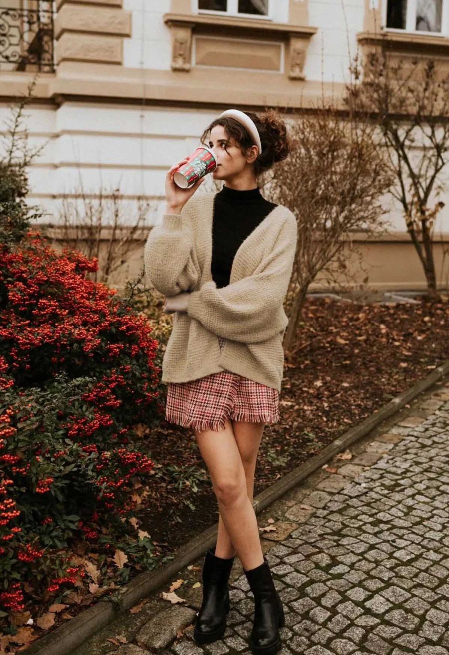 Fuzzy Open Front Waffle Knit Cardigan in Tan
