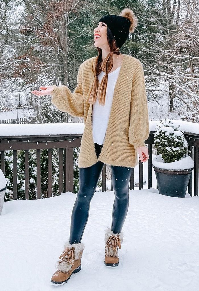 Fuzzy Open Front Waffle Knit Cardigan in Tan