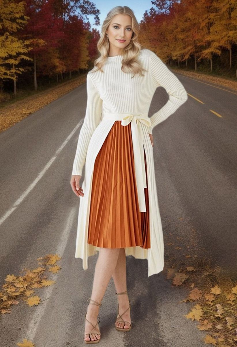 Front Pleats Splicing Belted Hi-Lo Knit Dress in Cream