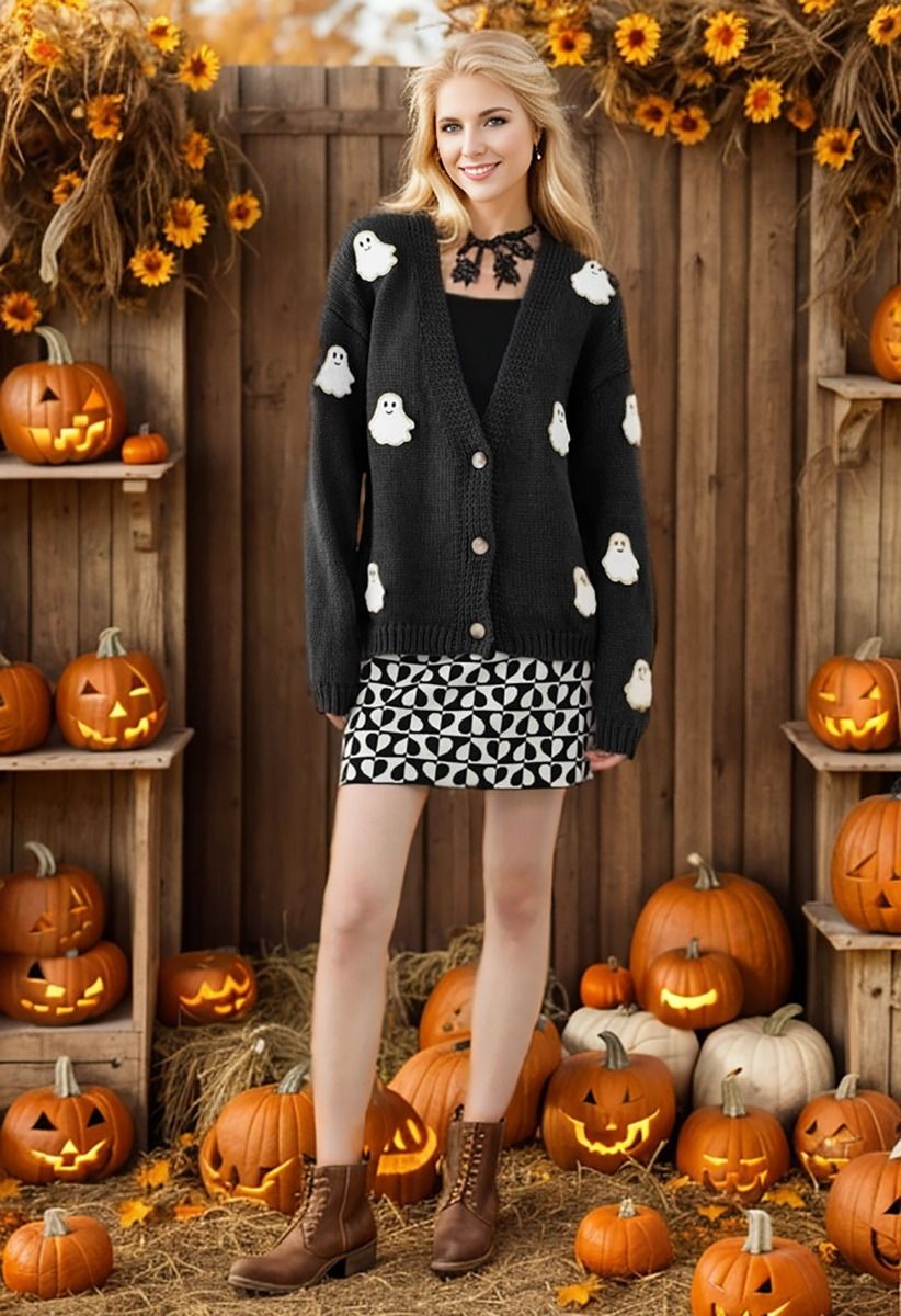 Halloween Ghost Patch Buttoned Knit Cardigan in Black Halloween Costumes