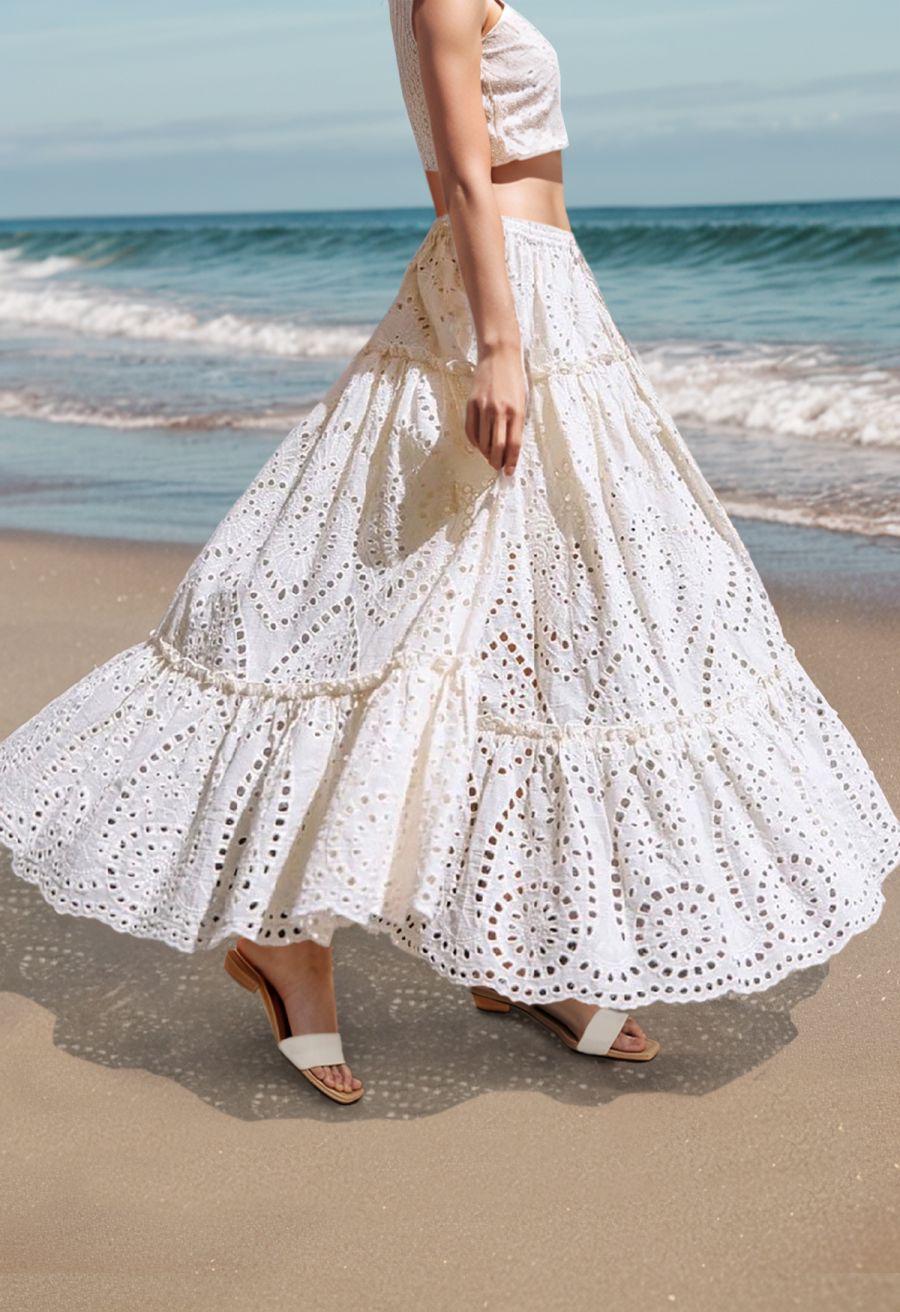 Eyelet Embroidery Tassel String Maxi Skirt in White