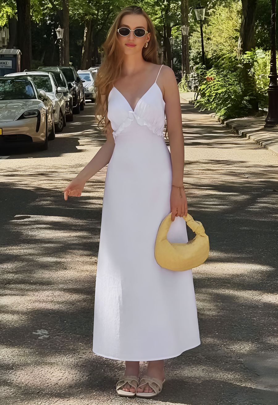 Deep V-Neck Ruffle Cotton Cami Maxi Dress