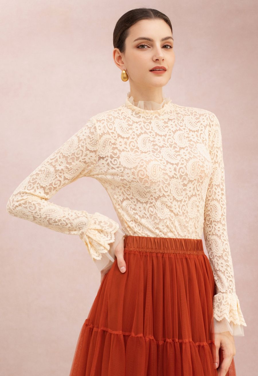 Paisley Full Lace Mesh Inserted Top in Cream