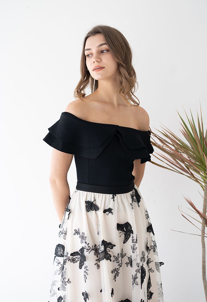 Off-Shoulder Tiered Cropped Knit Top in Black