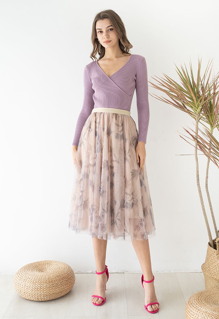 V-Neck Tie-Waist Wrap Knit Top in Lilac 