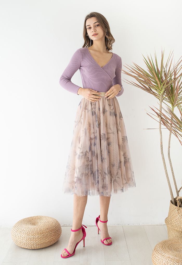 V-Neck Tie-Waist Wrap Knit Top in Lilac 