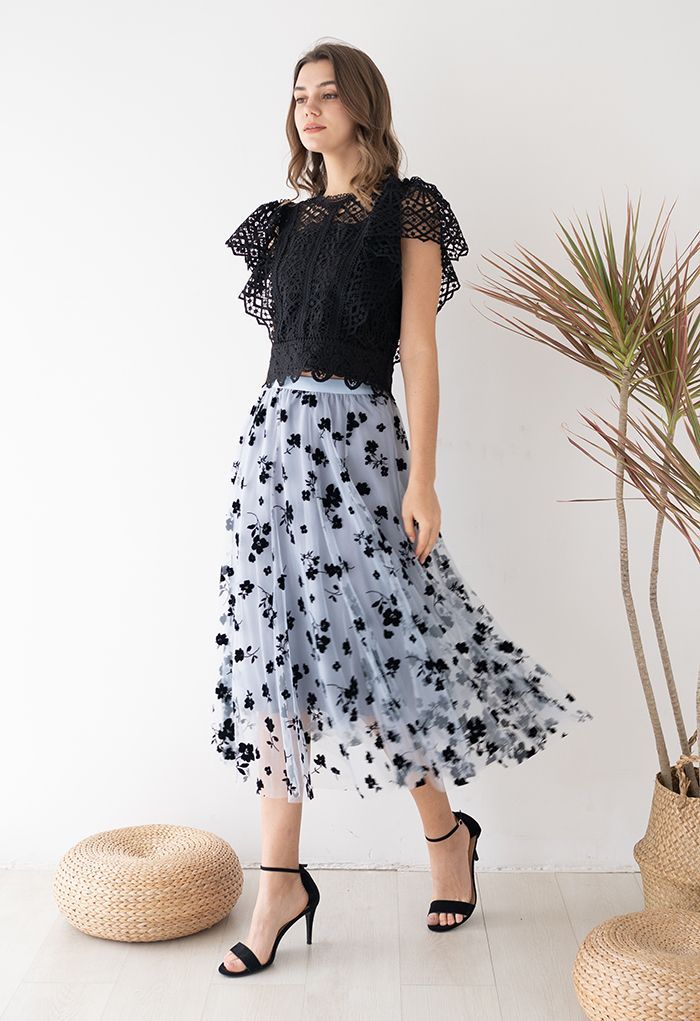 3D Posy Double-Layered Mesh Midi Skirt in Dusty Blue