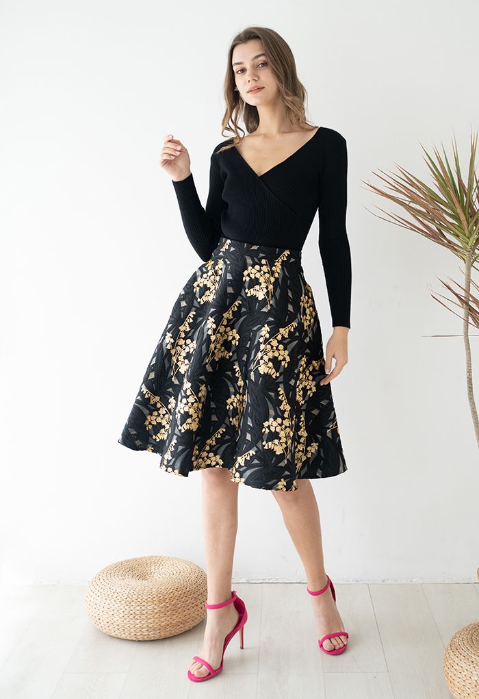 Harebell Embroidered Jacquard A-Line Midi Skirt in Black