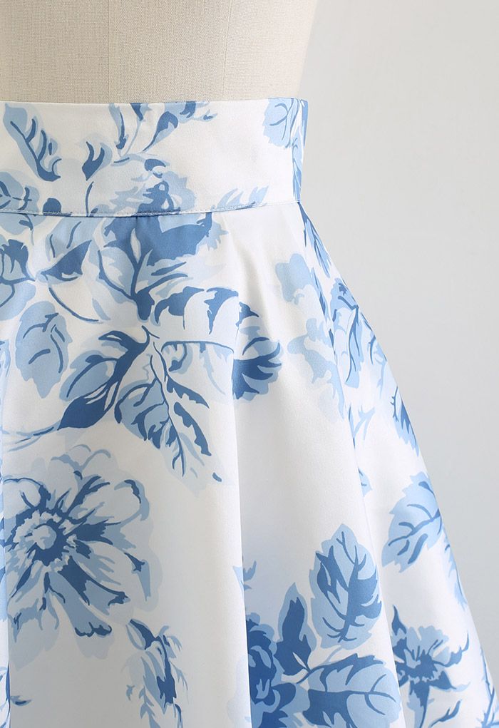 Blue Watercolor Peony Flare Midi Skirt