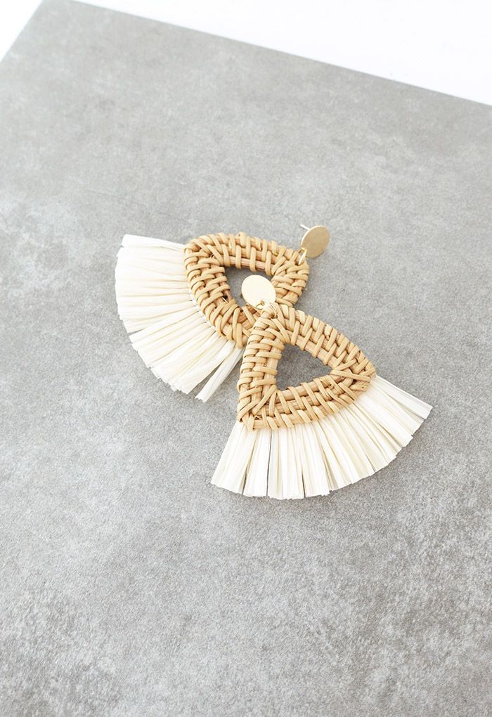 Triangle Rattan Raffia Tassel Earrings