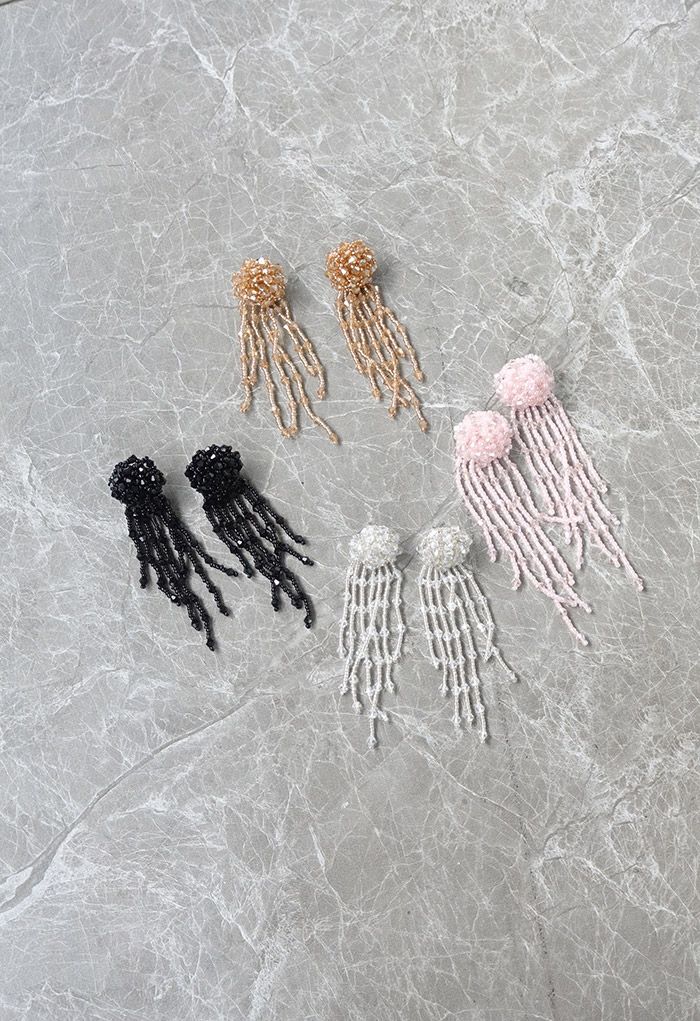 Asymmetric Beaded Tassel Drop Earrings