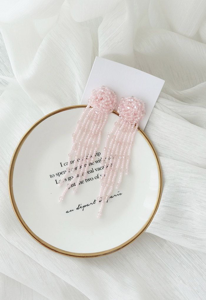 Asymmetric Beaded Tassel Drop Earrings