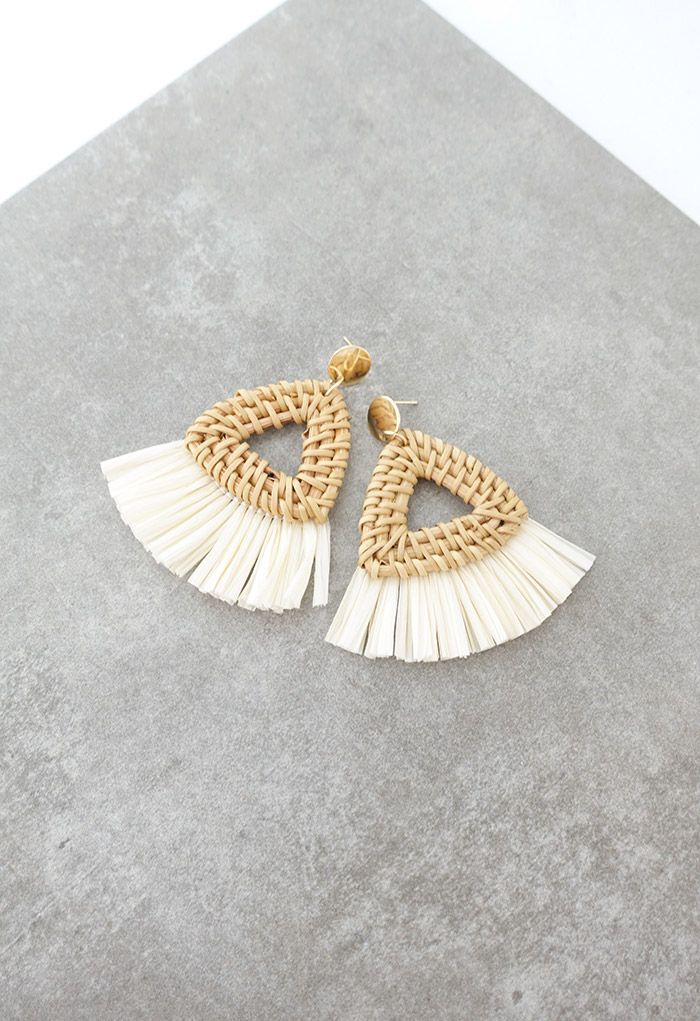 Triangle Rattan Raffia Tassel Earrings