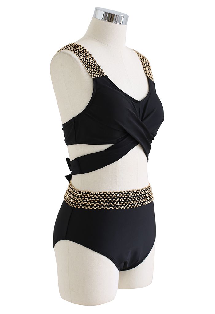 Contrast Wave Tie-Knot Bikini Set
