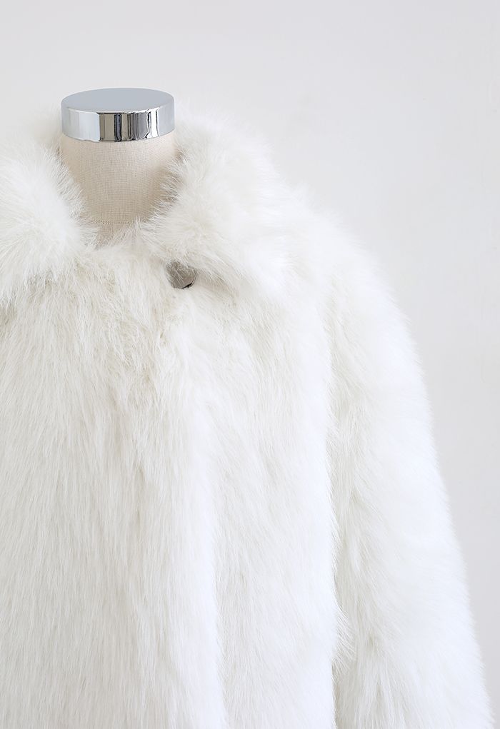 Fluffy Faux Fur Collared Crop Coat in White