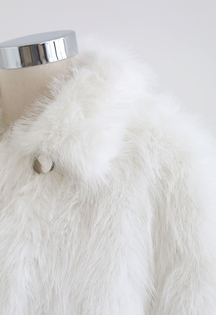 Fluffy Faux Fur Collared Crop Coat in White