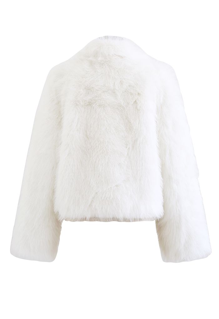 Fluffy Faux Fur Collared Crop Coat in White