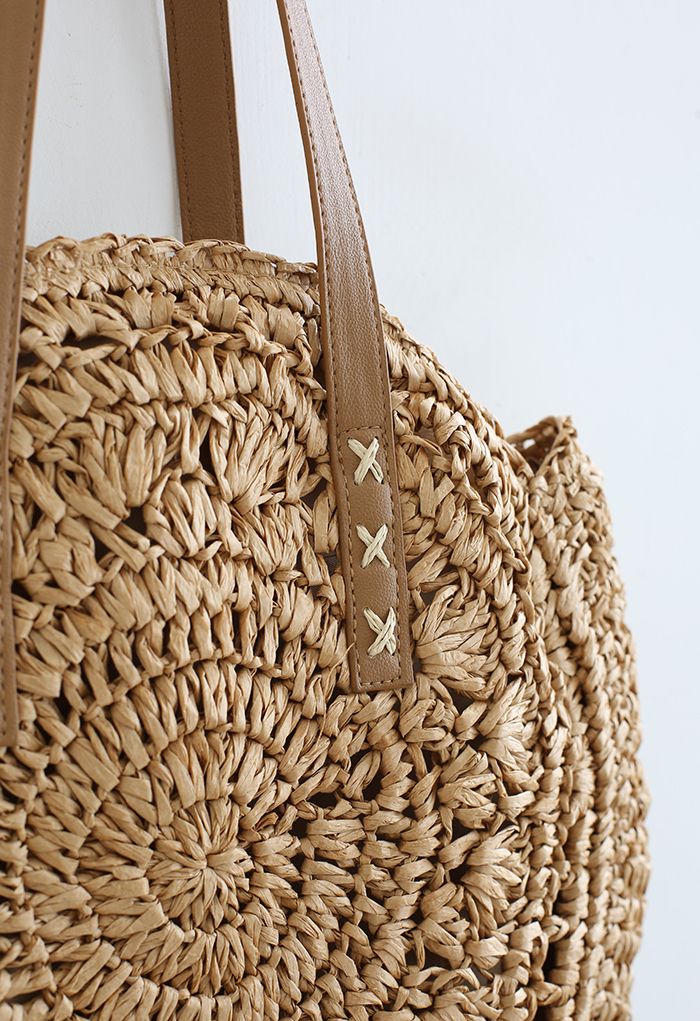 Round Woven Straw Shoulder Bag in Tan