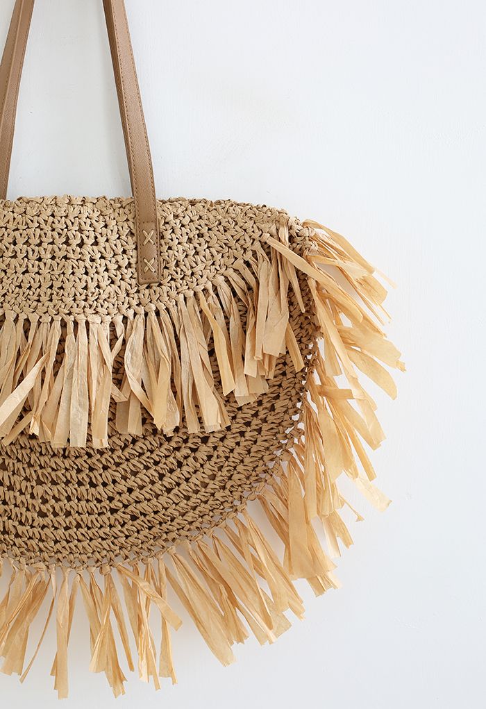 Fringed Woven Straw Shoulder Bag in Tan