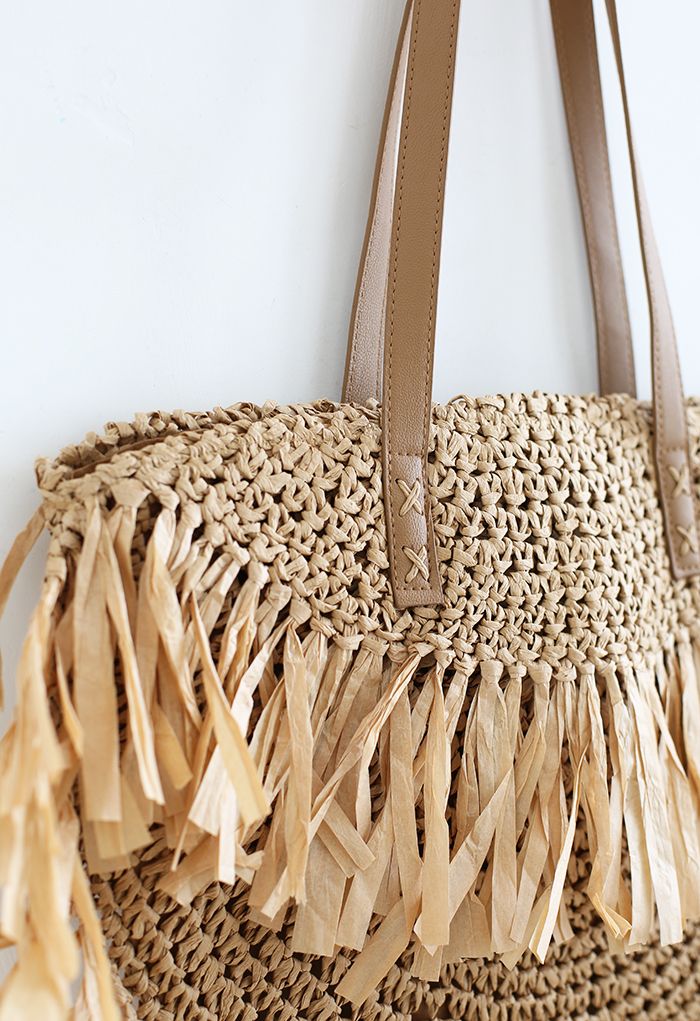 Fringed Woven Straw Shoulder Bag in Tan