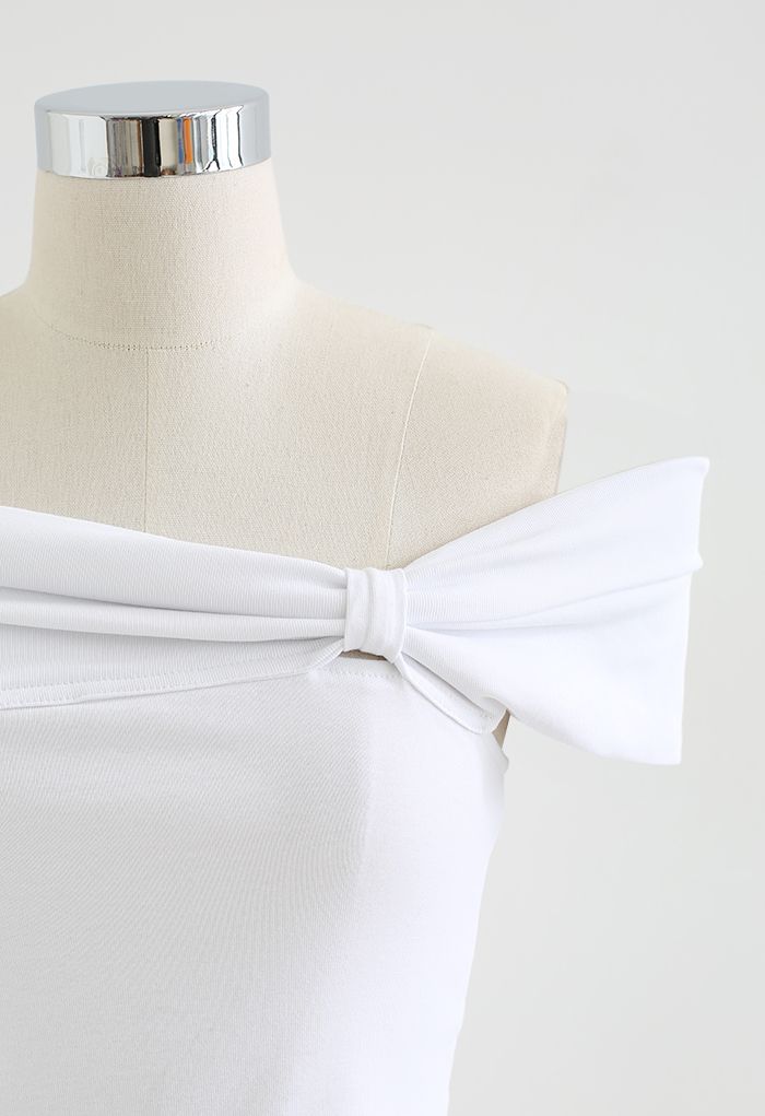 Side Knot Off-Shoulder Fitted Top in White