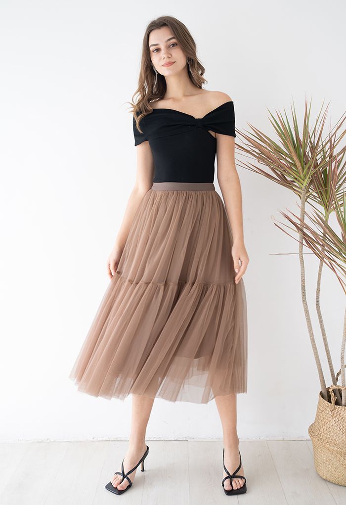 Side Knot Off-Shoulder Fitted Top in Black
