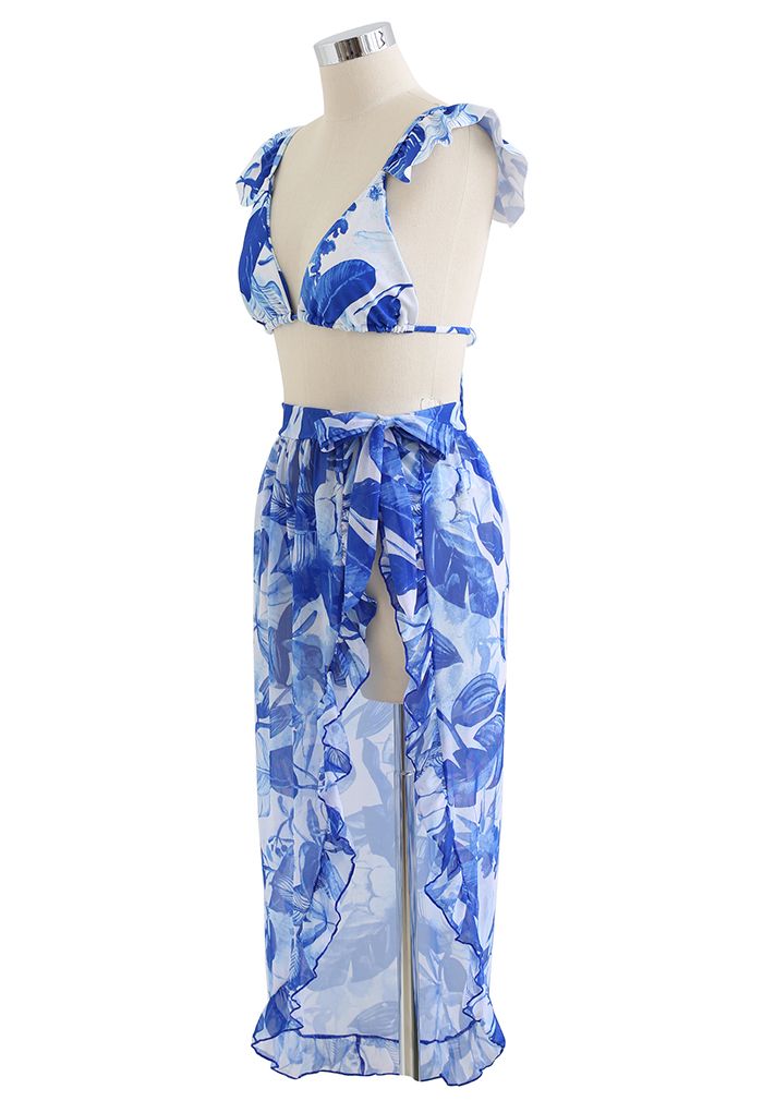 Rainforest Vibe Flutter Strap Bikini Cover-Up Set in Blue